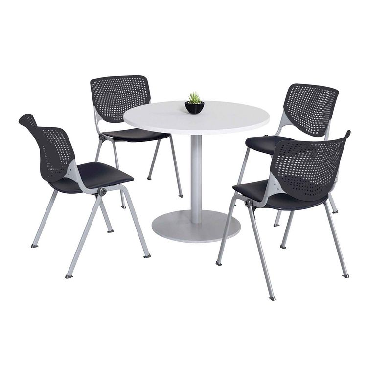 KFI Studios Pedestal Table with Four Black Kool Series Chairs, Round, 36" Dia x 29h, Designer White (KFI811774036696)