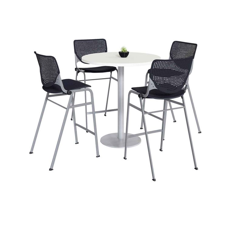KFI Studios Pedestal Bistro Table with Four Black Kool Series Barstools, Round, 36" Dia x 41h, Designer White (KFI811774037082)