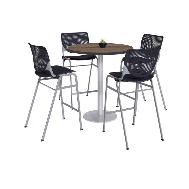 KFI Studios Pedestal Bistro Table with Four Black Kool Series Barstools, Round, 36" Dia x 41h, Studio Teak (KFI811774037280)