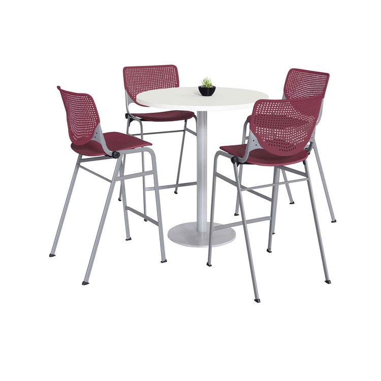 KFI Studios Pedestal Bistro Table with Four Burgundy Kool Series Barstools, Round, 36" Dia x 41h, Designer White (KFI811774037068)