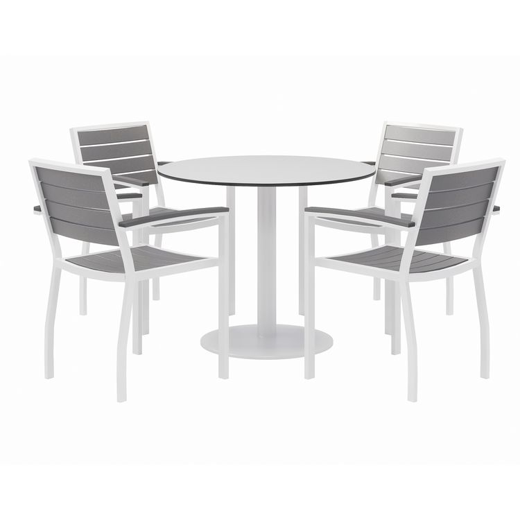 KFI Studios Eveleen Outdoor Patio Table, Four Gray Powder-Coated Polymer Chairs, Round, 36" Dia x 29h, White (KFI840031918499)