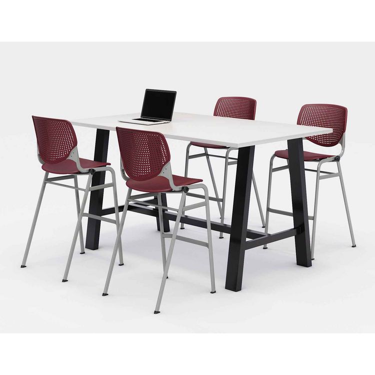 KFI Studios Midtown Bistro Dining Table with Four Burgundy Kool Barstools, 36 x 72 x 41, Designer White (KFI840031900555)