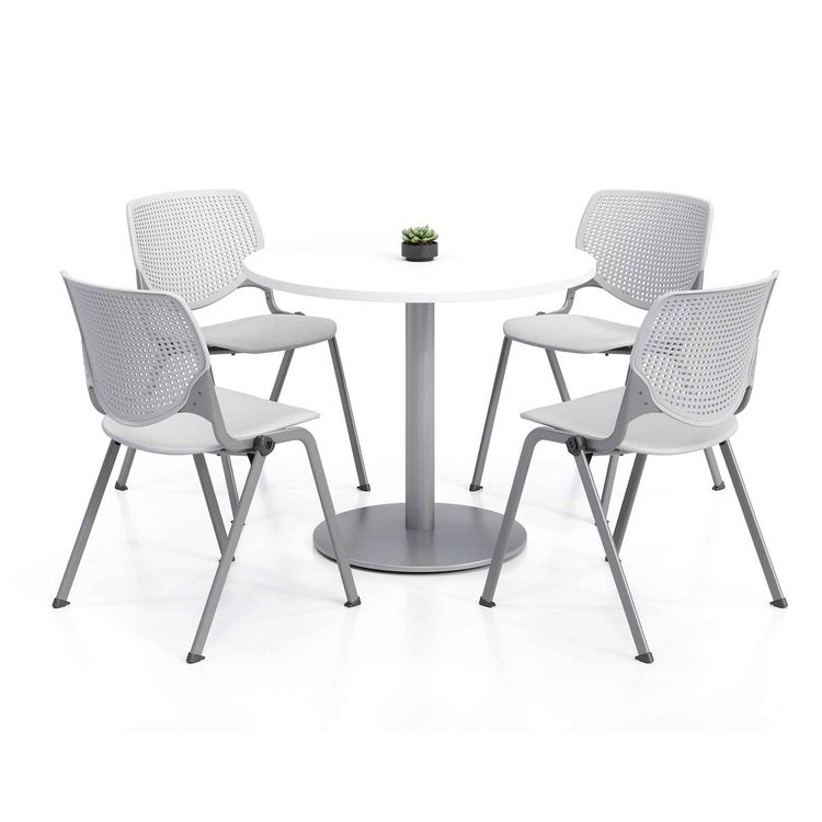 KFI Studios Pedestal Table with Four Light Gray Kool Series Chairs, Round, 36" Dia x 29h, Designer White (KFI811774036719)
