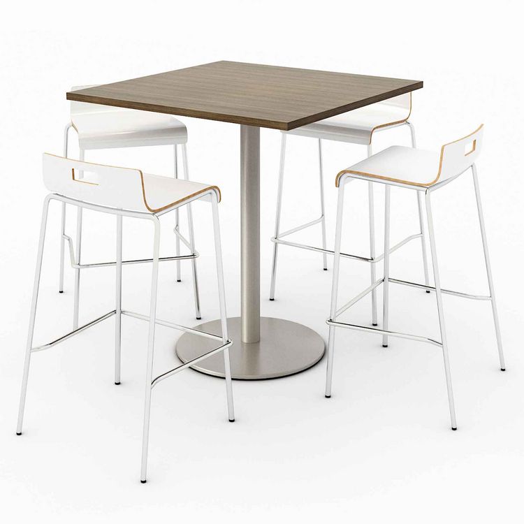 KFI Studios Pedestal Bistro Table with Four White Jive Series Barstools, Square, 36 x 36 x 41, Studio Teak (KFI811774039932)