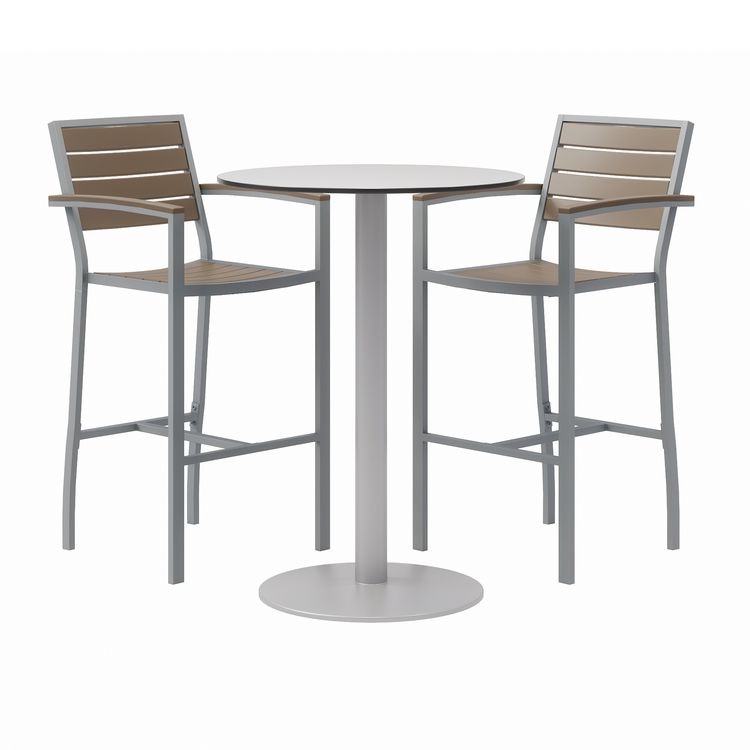 KFI Studios Eveleen Outdoor Bistro Patio Table, Two Mocha Powder-Coated Polymer Barstools, Round, 30" Dia x 41h, Gray (KFI840031918468)