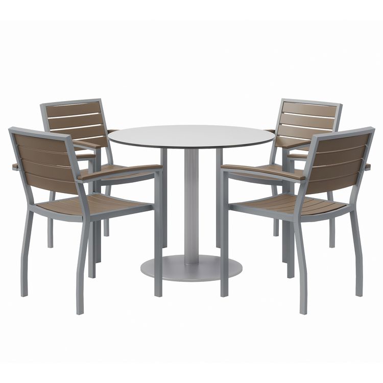 KFI Studios Eveleen Outdoor Patio Table, Four Mocha Powder-Coated Polymer Chairs, Round, 36" Dia x 29h, Fashion Gray (KFI840031918482)