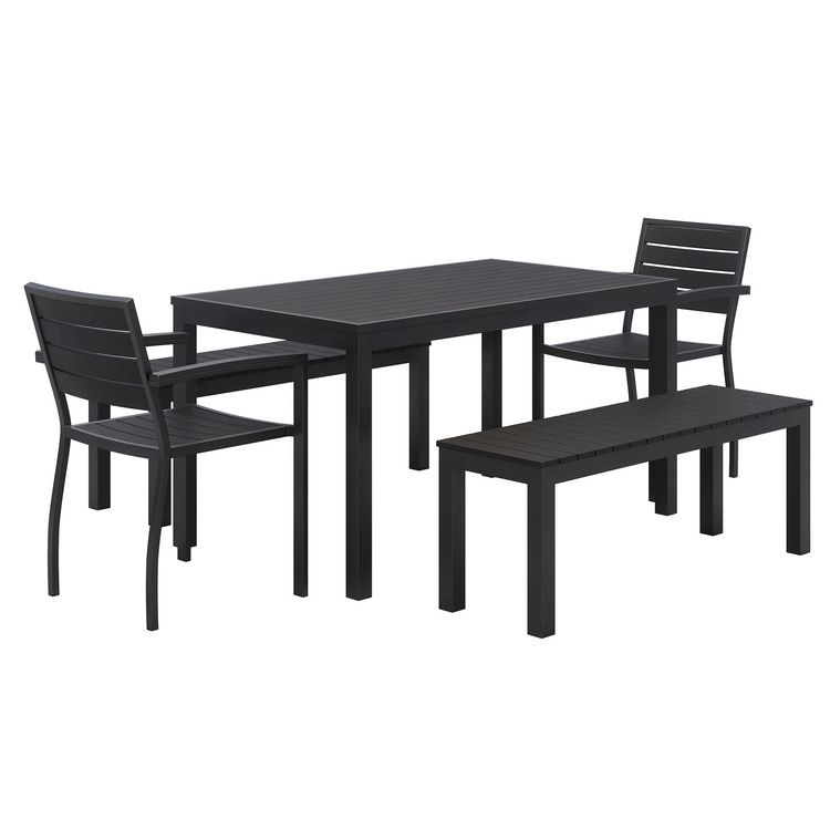 KFI Studios Eveleen Outdoor Patio Table with Two Black Powder-Coated Polymer Chairs and Two Benches, 32 x 55, Gray (KFI840031925152)