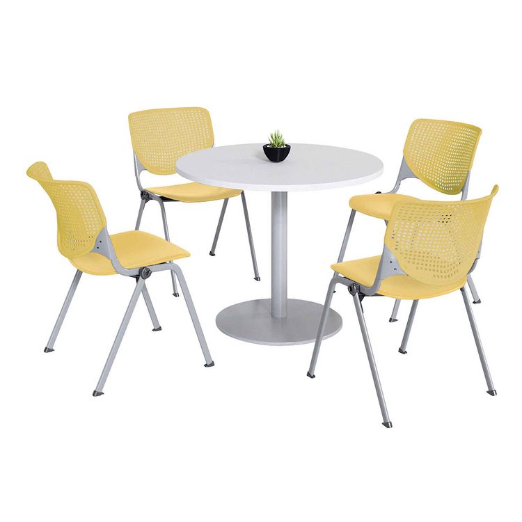 KFI Studios Pedestal Table with Four Yellow Kool Series Chairs, Round, 36" Dia x 29h, Designer White (KFI811774036702)