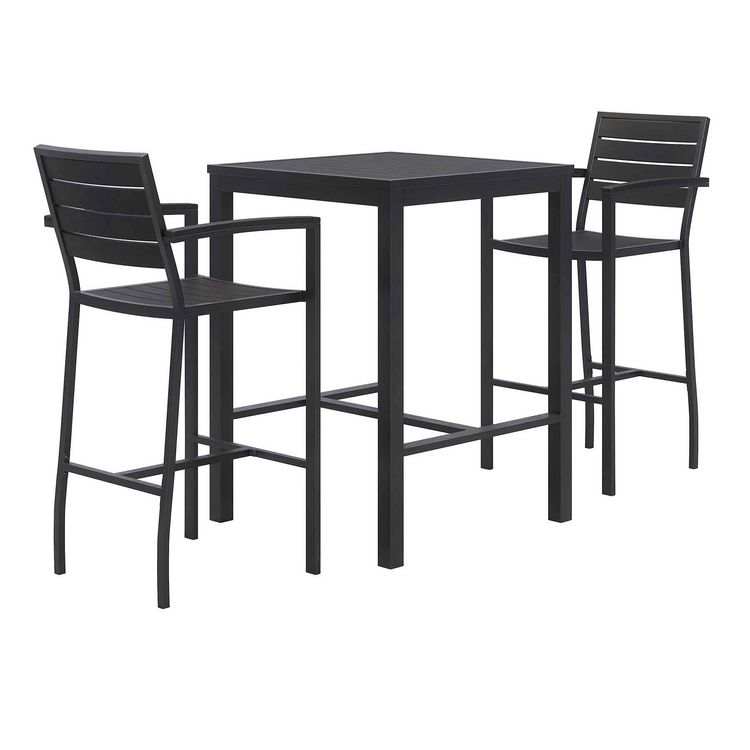 KFI Studios Eveleen Outdoor Bistro Patio Table with Two Black Powder-Coated Polymer Barstools, 30" Square, Black (KFI840031925275)