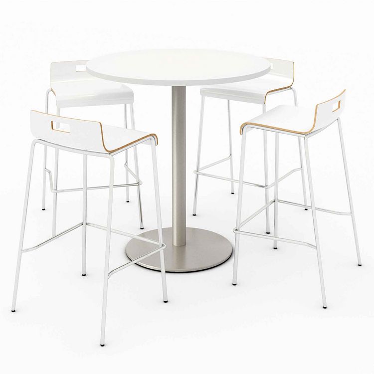 KFI Studios Pedestal Bistro Table with Four White Jive Series Barstools, Round, 36" Dia x 41h, Designer White (KFI840031900128)