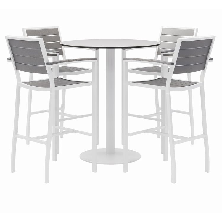 KFI Studios Eveleen Outdoor Bistro Patio Table with Four Gray Powder-Coated Polymer Barstools, Round, 41"h, White (KFI840031918512)