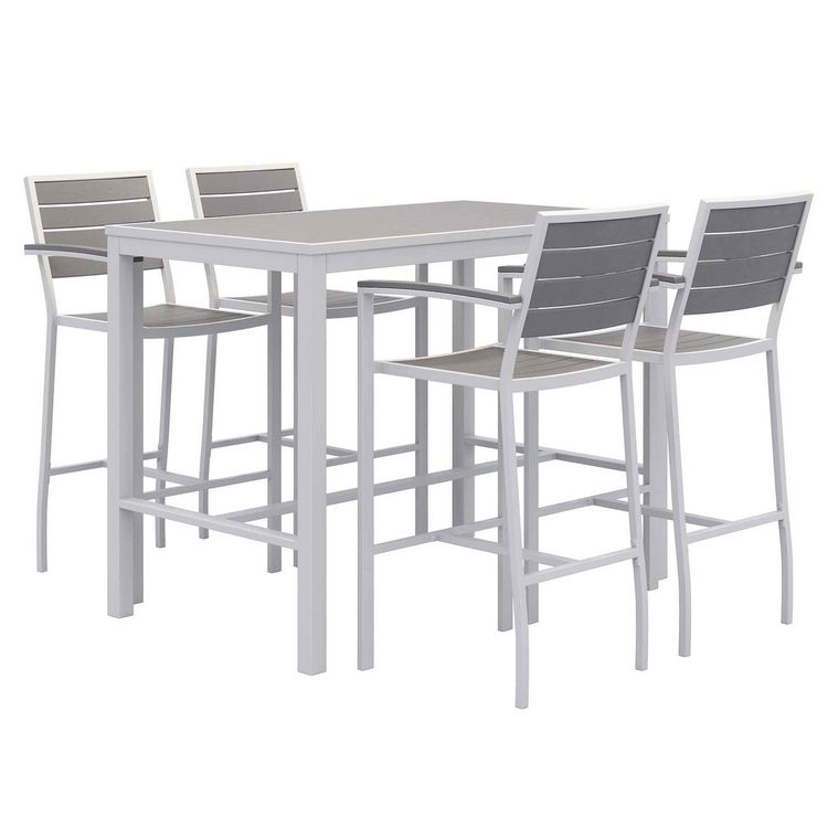 KFI Studios Eveleen Outdoor Bistro Patio Table with Four Gray Powder-Coated Polymer Barstools, 32 x 55, Gray (KFI840031925206)