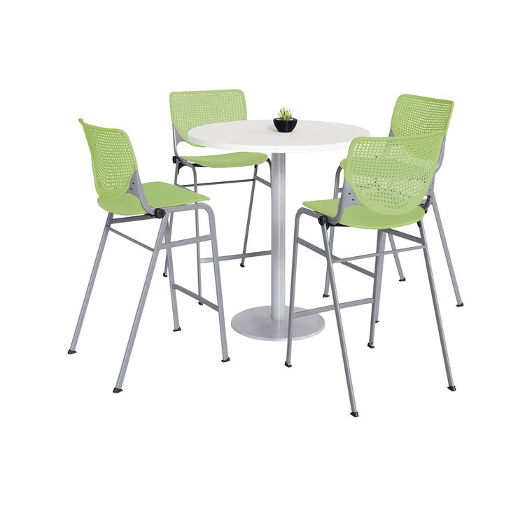KFI Studios Pedestal Bistro Table with Four Lime Green Kool Series Barstools, Round, 36" Dia x 41h, Designer White (KFI811774037112)