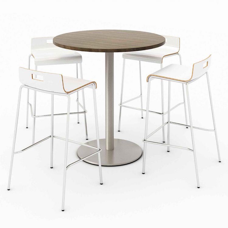 KFI Studios Pedestal Bistro Table with Four White Jive Series Barstools, Round, 36" Dia x 41h, Studio Teak (KFI840031900142)