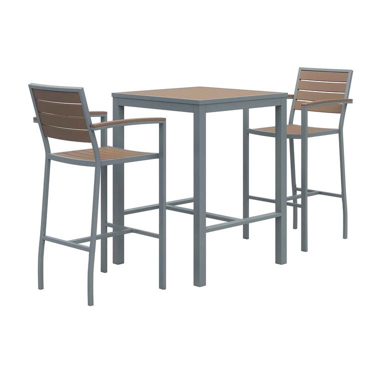 KFI Studios Eveleen Outdoor Bistro Patio Table with Two Mocha Powder-Coated Polymer Barstools, 30" Square, Mocha (KFI840031925251)
