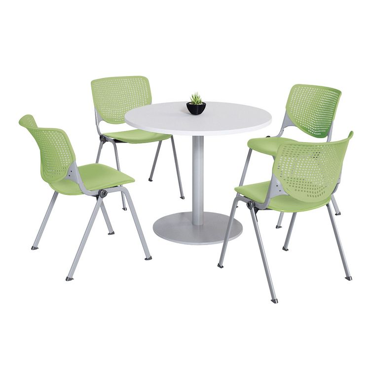 KFI Studios Pedestal Table with Four Lime Green Kool Series Chairs, Round, 36" Dia x 29h, Designer White (KFI811774036726)