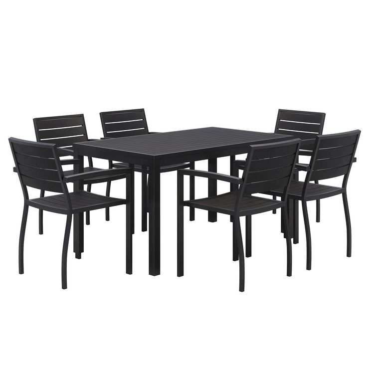 KFI Studios Eveleen Outdoor Patio Table with Six Black Powder-Coated Polymer Chairs, 32 x 55 x 29, Black (KFI840031925244)