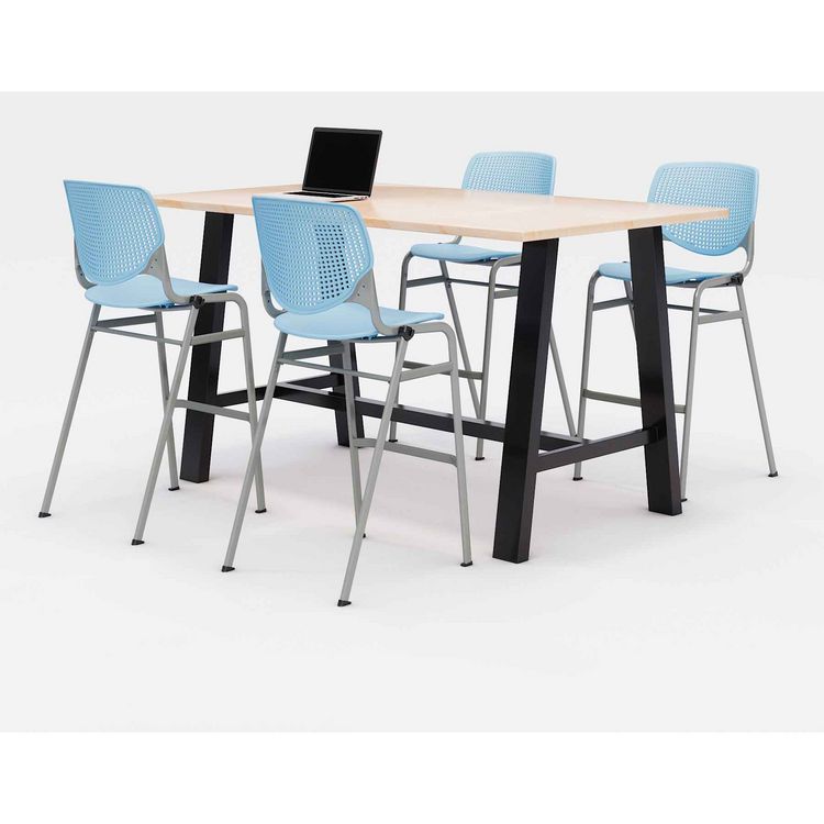 KFI Studios Midtown Bistro Dining Table with Four Sky Blue Kool Barstools, 36 x 72 x 41, Kensington Maple (KFI840031900821)