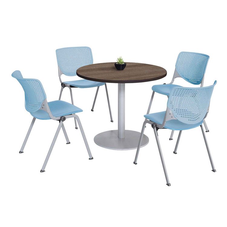 KFI Studios Pedestal Table with Four Sky Blue Kool Series Chairs, Round, 36" Dia x 29h, Studio Teak (KFI811774036900)