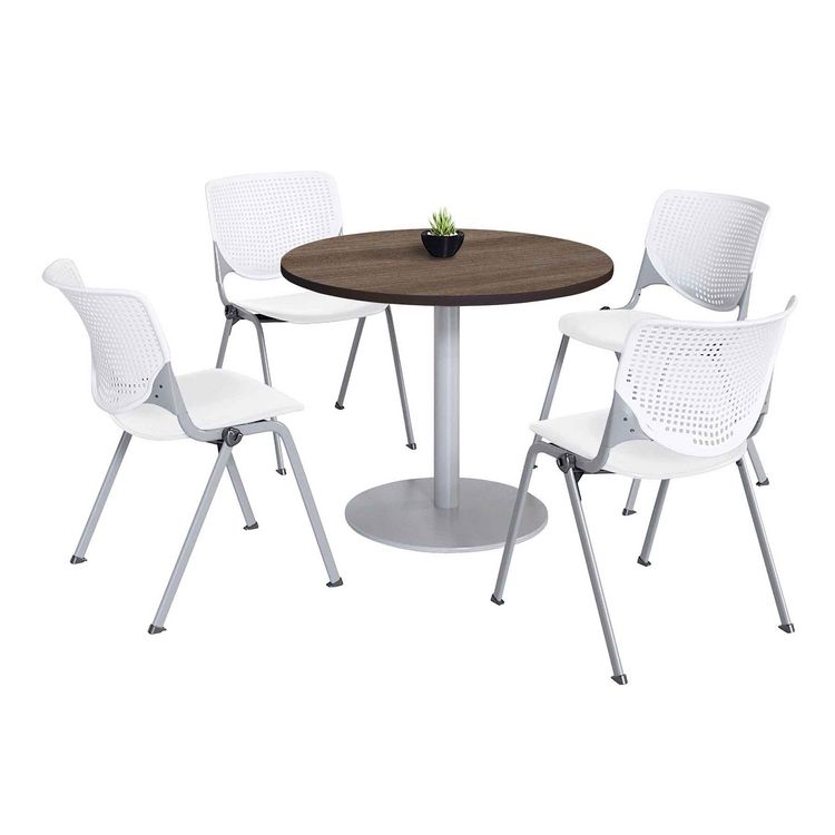 KFI Studios Pedestal Table with Four White Kool Series Chairs, Round, 36" Dia x 29h, Studio Teak (KFI811774036887)