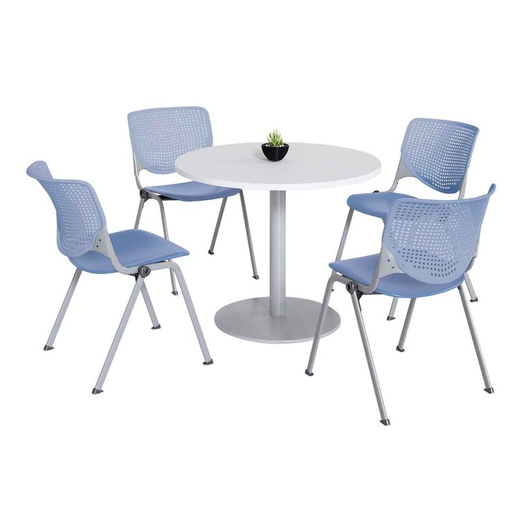 KFI Studios Pedestal Table with Four Periwinkle Kool Series Chairs, Round, 36" Dia x 29h, Designer White (KFI811774036740)