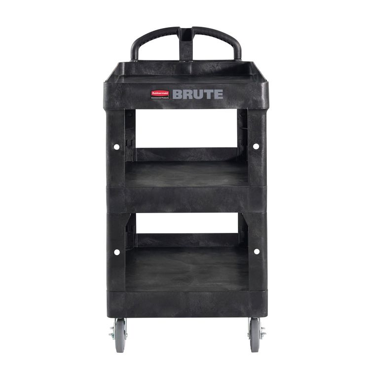 Rubbermaid Commercial BRUTE 3-Shelf Heavy-Duty Ergo Lipped Utility Cart, Resin, 3 Shelves, 600 lb Capacity, 25.24" x 44" x 47", Black (RCP2196862)