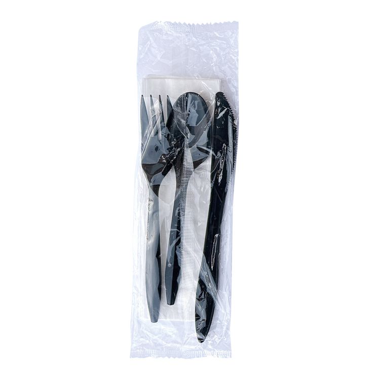 Boardwalk Four-Piece Cutlery Kit, Mediumweight, Fork/Knife/Napkin/Spoon, Plastic, 6.38", Black, 250/Carton (BWK4KITBLPP)