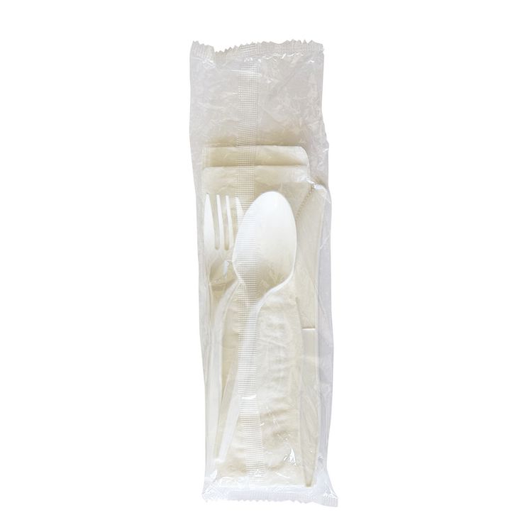 Boardwalk Four-Piece Polypropylene Cutlery Kit, Mediumweight, Fork/Knife/Napkin/Spoon, Plastic, White, 250/Carton (BWK4COMBOKITPP)