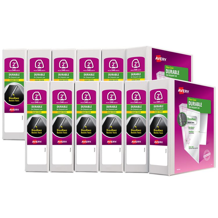 Avery Durable View Binder with DuraHinge and EZD Rings, 3 Rings, 2" Capacity, 11 x 8.5, White, 12/Carton (AVE09501CT)