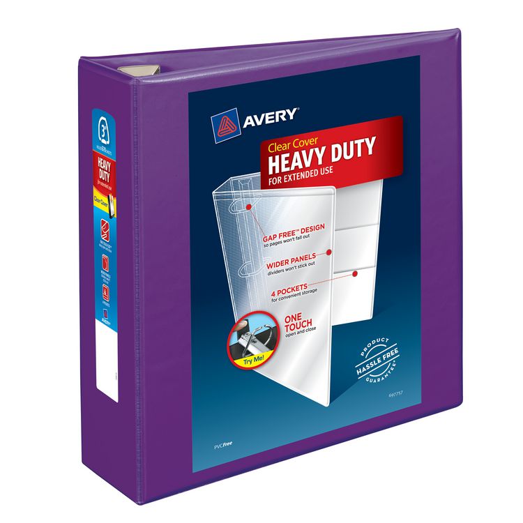 Avery Heavy-Duty View Binder with DuraHinge and One Touch EZD Rings, 3 Rings, 3" Capacity, 11 x 8.5, Purple, 4/Carton (AVE79810CT)