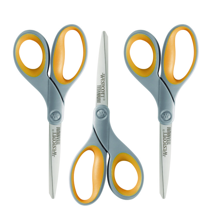 Westcott Titanium Bonded Scissors, 8" Long, 3.5" Cut Length, Straight Gray/Yellow Handle, 3/Pack (ACM17532)
