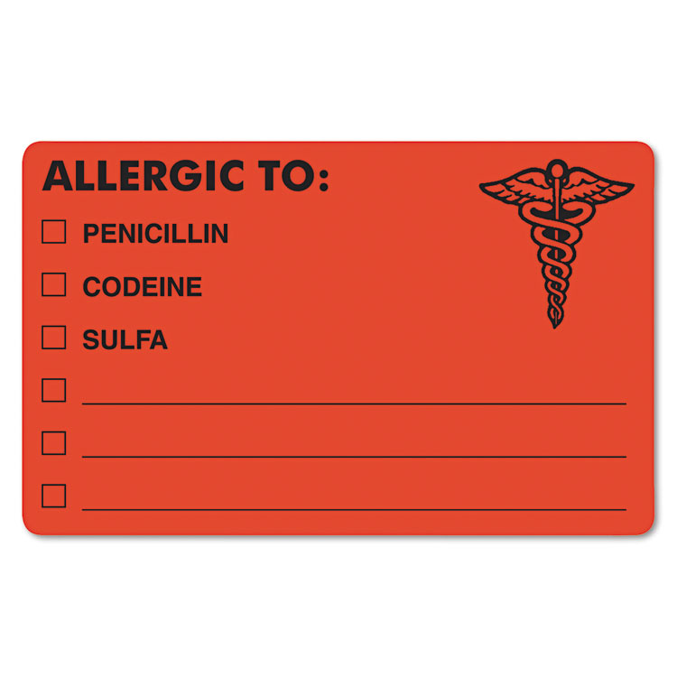 Tabbies Allergy Warning Labels, ALLERGIC TO: PENICILLN, CODEINE, SULFA, 2.5 x 4, Fluorescent Red, 100/Roll (TAB00488)
