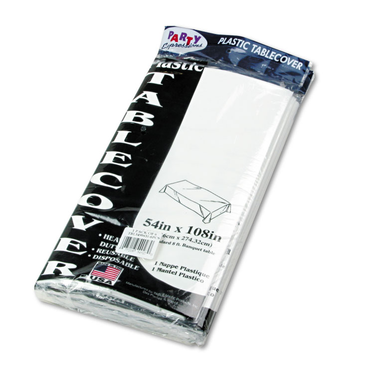Tablemate Table Set Rectangular Table Cover, Heavyweight Plastic, 54" x 108", White, 6/Pack (TBL549WH)