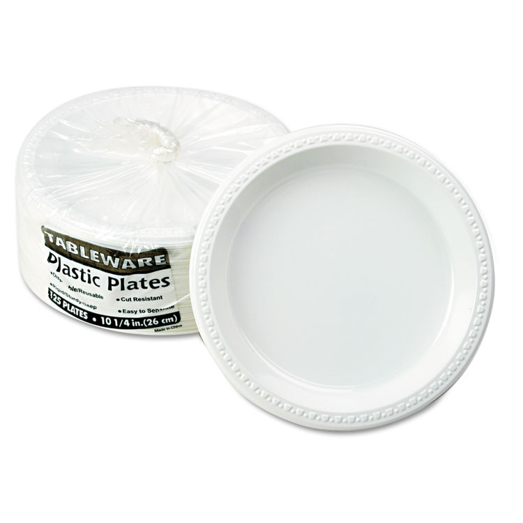 Tablemate Plastic Dinnerware, Plates, 10.25" dia, White, 125/Pack (TBLTM10644WH)