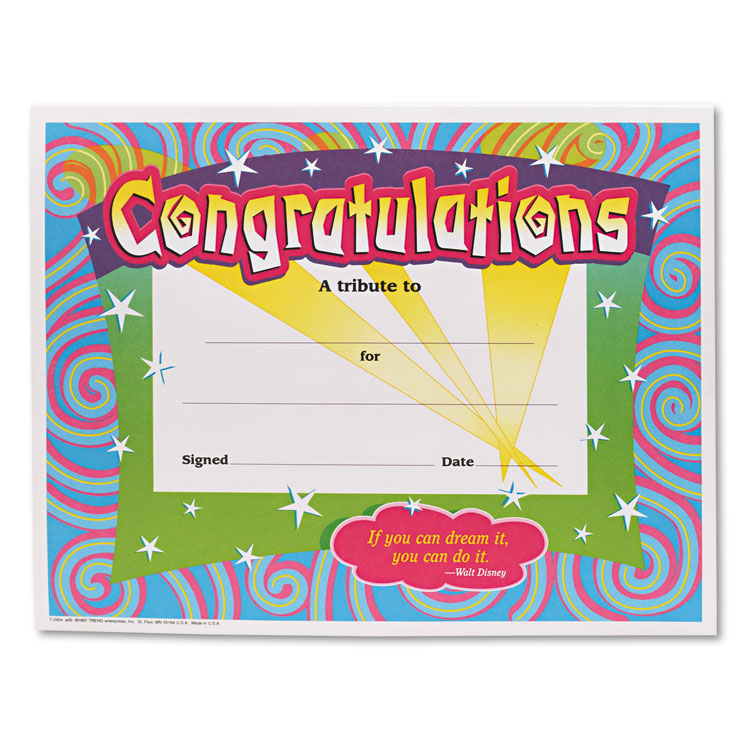 Classic Congratulations Colorful Classic Certificates, 11 x 8.5, Horizontal Orientation, Assorted Colors with White Border, 30/Pack (TEPT2954)