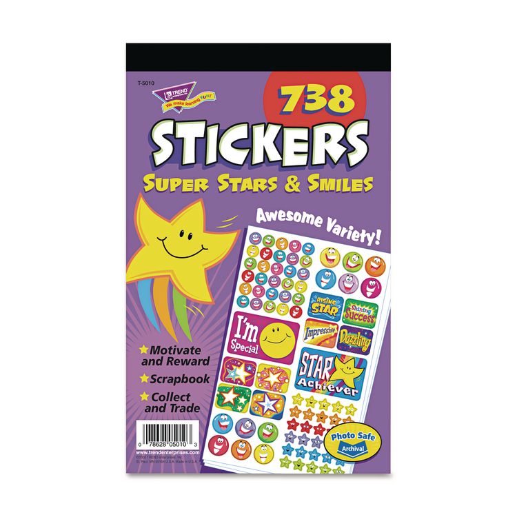 TREND Sticker Assortment Pack, Super Smiles and Stars, Assorted Colors, 738 Stickers/Pad (TEPT5010)