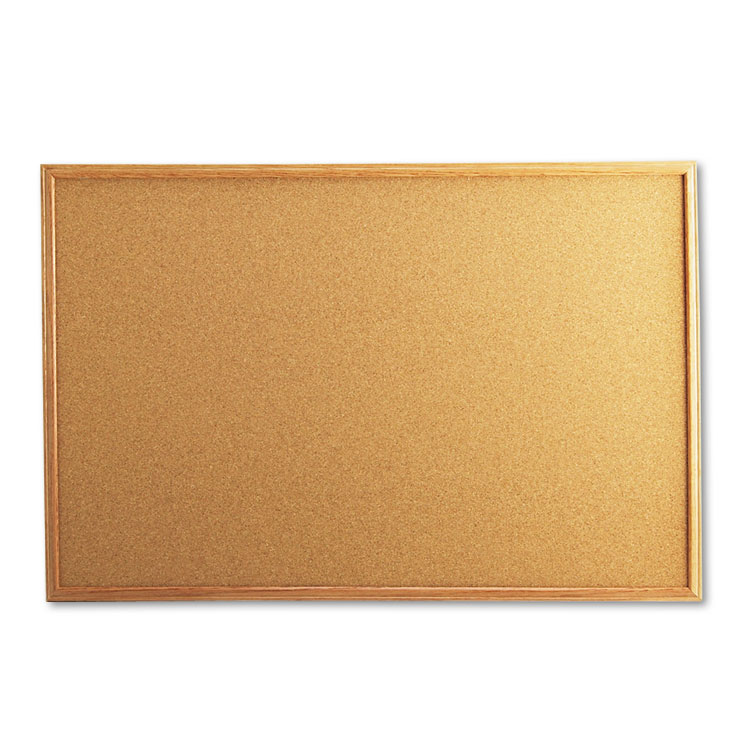 Universal Cork Board with Oak Style Frame, 36" x 24", Tan Surface, Oak Finished Wood Frame (UNV43603)