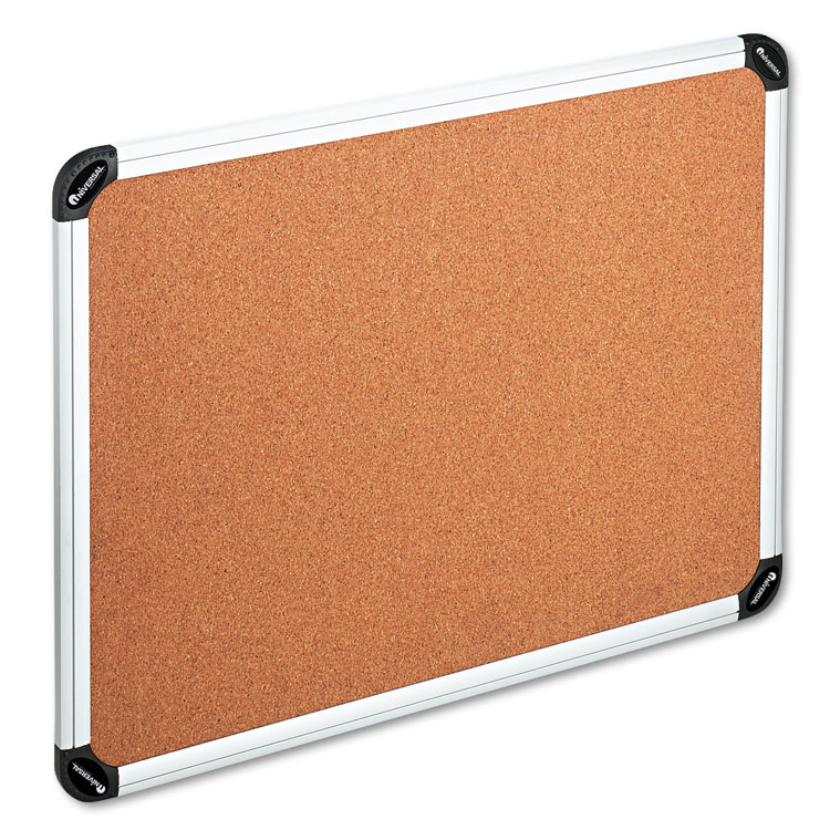 Universal Cork Board with Aluminum Frame, 48" x 36", Tan Surface, Satin Aluminum Frame (UNV43714)