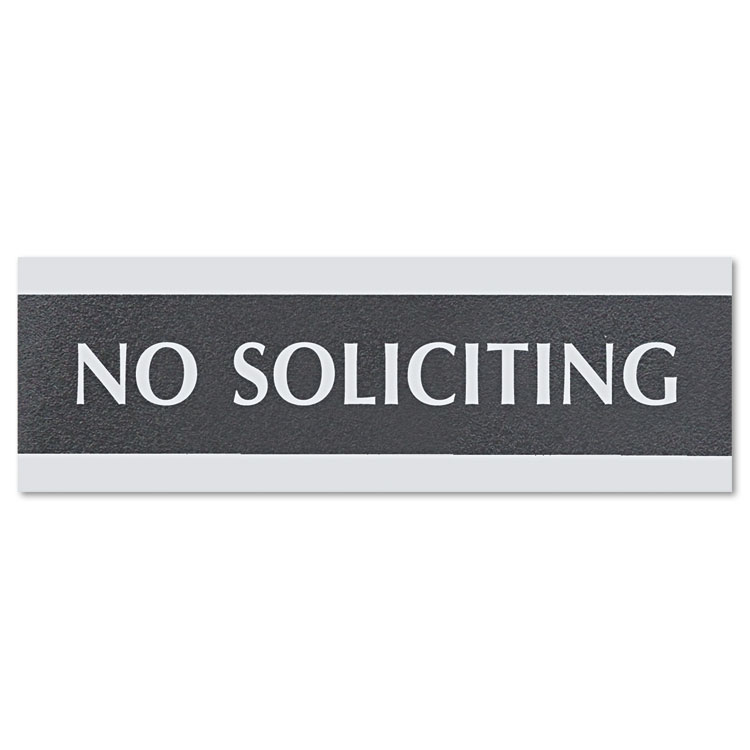 Headline Sign Century Series Office Sign, NO SOLICITING, 9 x 3, Black/Silver (USS4758)