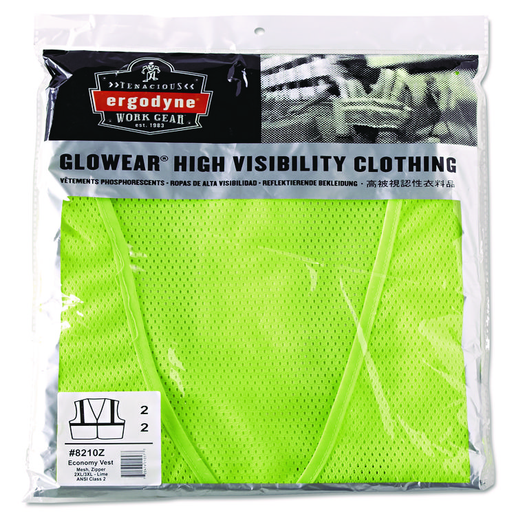 ERGODYNE CORPORATION GloWear 8210Z Class 2 Economy Vest, Polyester Mesh, Zipper Closure, 2X-Large to 3X-Large, Lime (EGO21057)