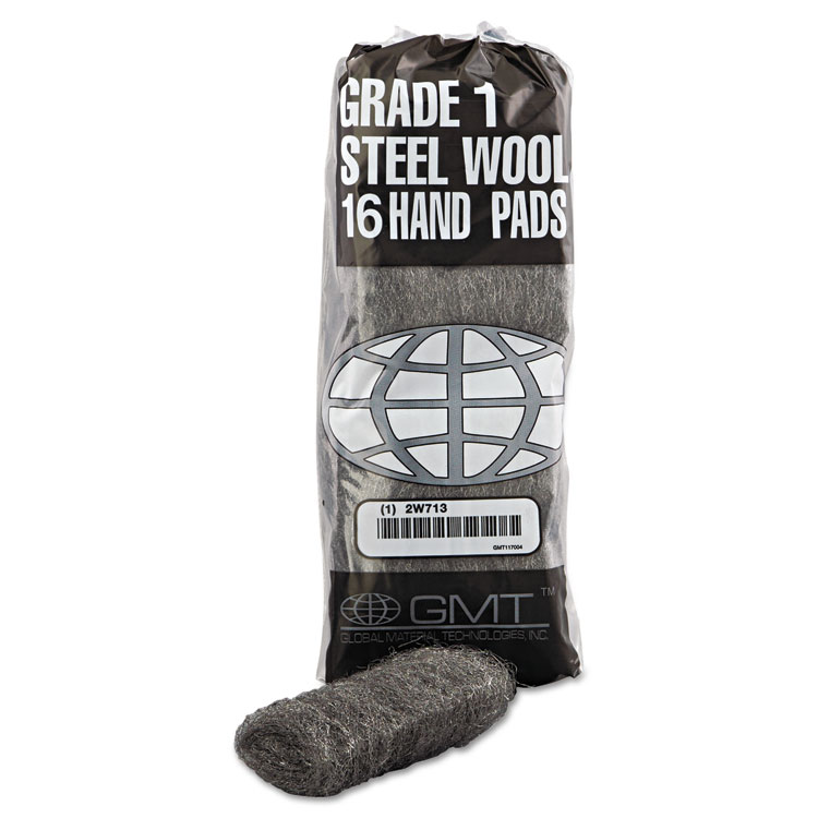 GLOBAL MATERIAL TECHNOLOGIES Industrial-Quality Steel Wool Hand Pads, #1 Medium, Steel Gray, 16 Pads/Sleeve, 12 Sleeves/Carton (GMA117004)