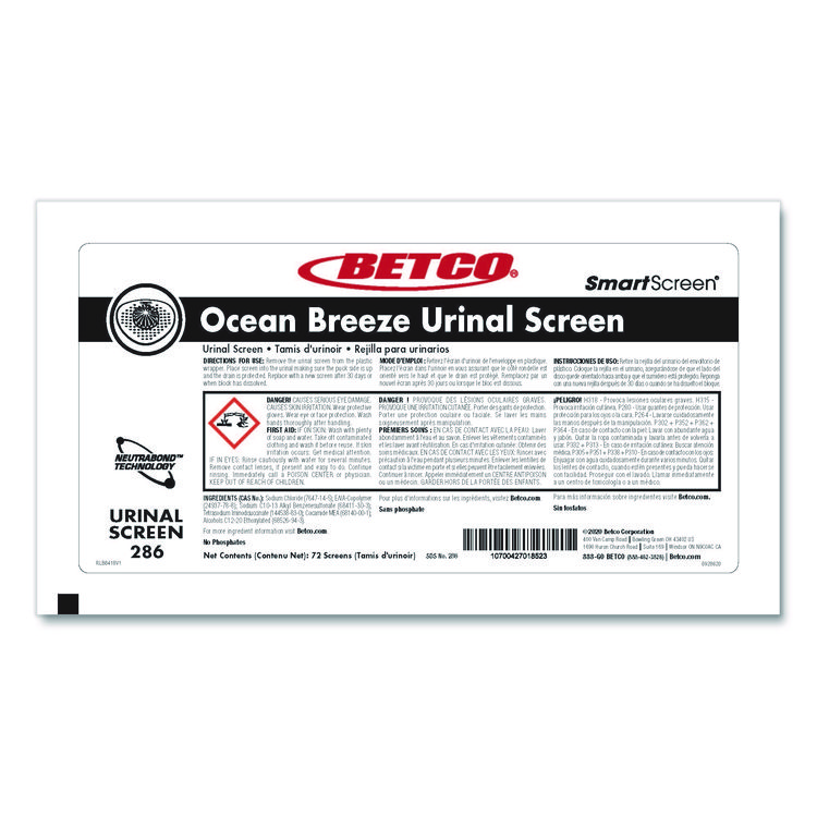 BETCO CORPORATION SmartSCREEN Urinal Screen, Ocean Breeze Scent, Blue, 1 lb, 72/Carton (BET2867200)