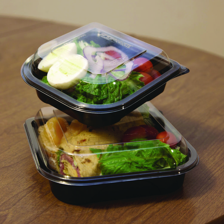 ECO-PRODUCTS,INC. 100% Recycled Content 6" Premium Take Out Containers, 12.5 oz, Black Base/Clear Lid, Plastic, 50/Pack, 3 Packs/Carton (ECOEPPTOR6)