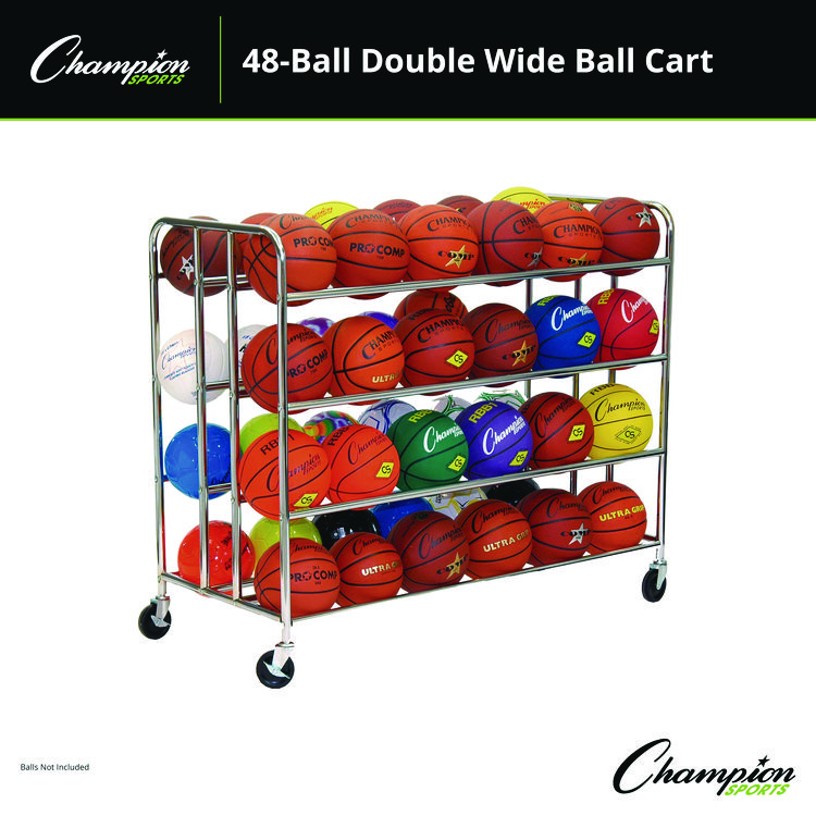 CHAMPION SPORT 48 Ball Double Wide Ball Cart, Metal, 176 lb Capacity, 24 x 55.5 x 46.5, Chrome (CSIBRC48)