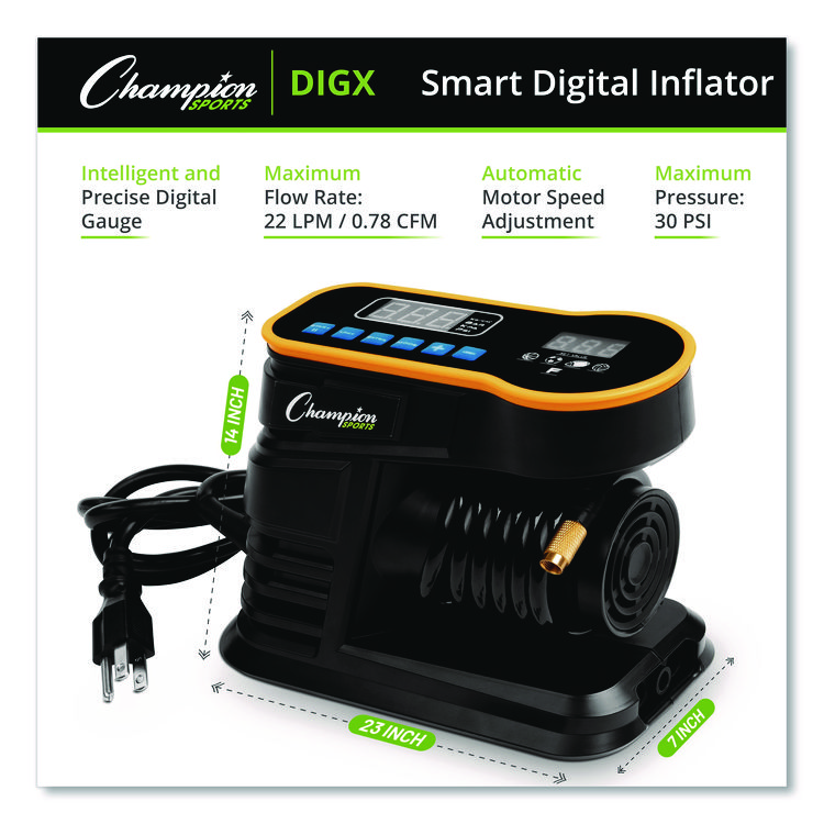 CHAMPION SPORT Champion Sports Digital Electronic Inflator, 0.78 cu ft/min, 30 psi, 70" Cord (CSIDIGX)