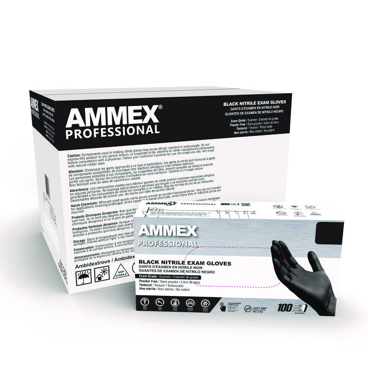 AMMEX CORPORATION Nitrile Exam Gloves, Powder-Free, X-Large, 3 mil Thick, 9.5" Long, Black, 100/Box, 10 Boxes/Carton (AXCABNPF48100CT)