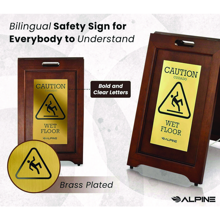ALPINE INDUSTRIES 2-Sided Plated Wooden A-Frame Bilingual Wet Floor Sign, 15 x 2 x 24, Brass (ALHALP499BRA)