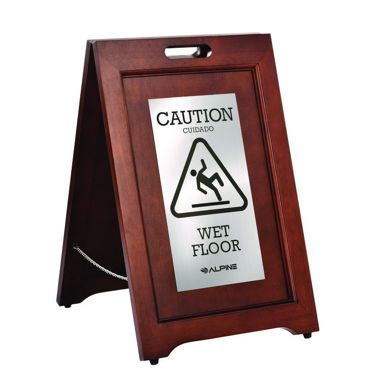 ALPINE INDUSTRIES 2-Sided Plated Wooden A-Frame Bilingual Wet Floor Sign, 15 x 2 x 24, Stainless Steel (ALHALP499SSB)