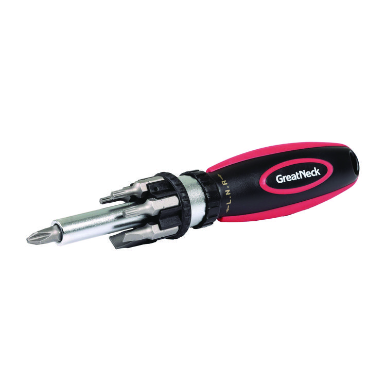GREAT NECK SAW MFG. Ratcheting Screw/Nut Driver Set, Phillips/Slotted/Star Bits, 7" Long, Black/Red (GNS950DE)