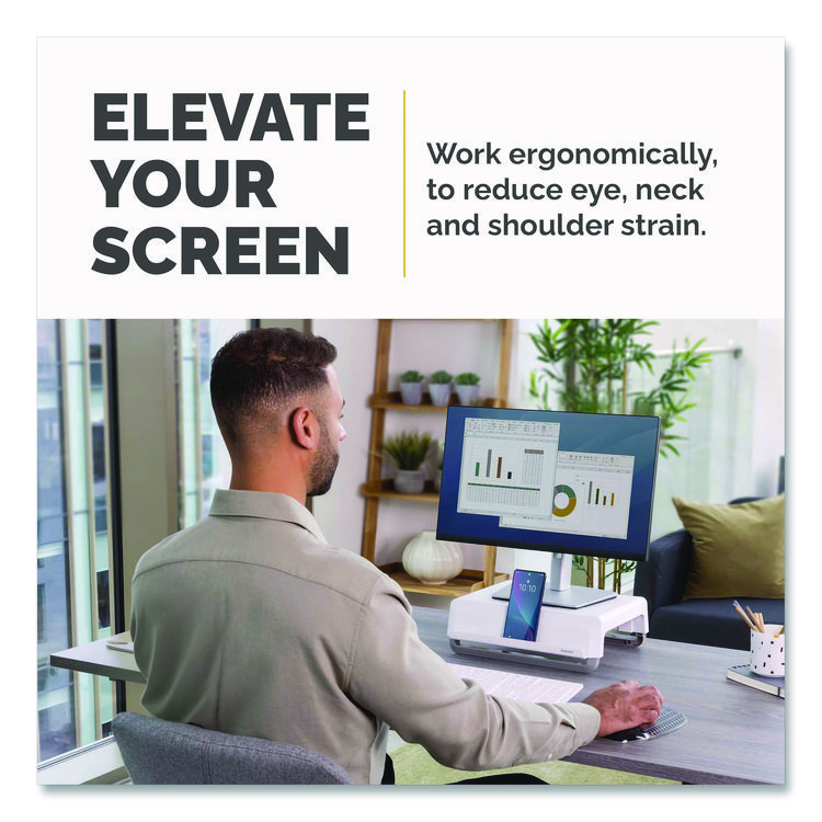 FELLOWES MFG. CO. Breyta Monitor Stand, 13.94" x 11.97" x 3.25" to 6", White, Supports 33 lbs (FEL100098565)